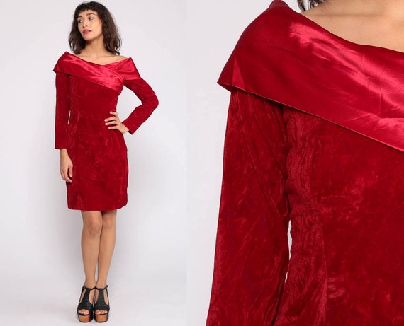 Velvet Mini Dress 80s Party Off Shoulder Dress Red Cocktail Dress Satin Sheath Prom Long Sleeve 1980s Vintage Minidress Extra Small xs