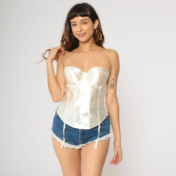Ivory Satin Corset Bustier 36B Bra Strapless Garter Straps Sweetheart Neckline Vintage Lingerie 2000s 36 B
