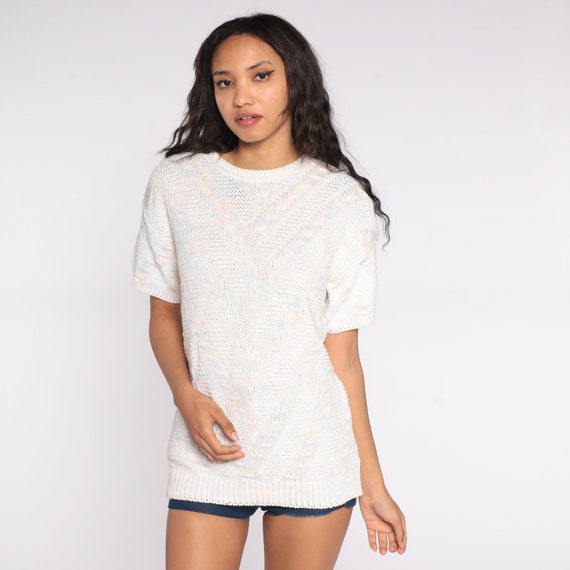 80s Knit Shirt White Pastel Striped Knit Shirt Sweater Top White 80s Retro Vintage Short Sleeve Textured Boho Medium Large