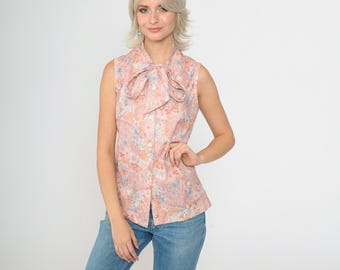 Vintage Floral Blouse Ascot Shirt 70s Pastel Pink Neck Tie Bow Top Secretary Button Up Boho 1970s Retro Romantic Small