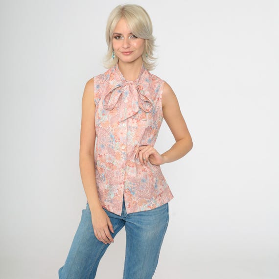 Vintage Floral Blouse Ascot Shirt 70s Pastel Pink Neck Tie Bow Top Secretary Button Up Boho 1970s Retro Romantic Small