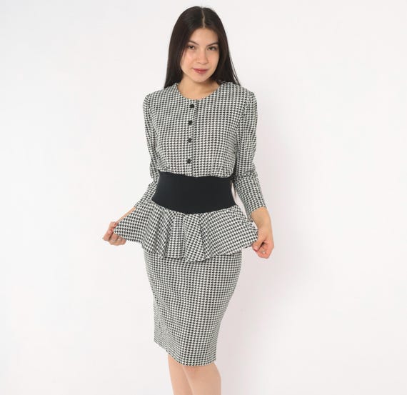 Houndstooth Peplum Dress 90s Black White Check Button Front Pencil Skirt Long Sleeve Office Professional Corporate Nerdy Vintage Small S