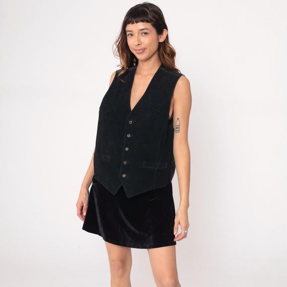 Black Suede Vest 90s Leather Back Sleeveless Waistcoat Adjustable Buckle Pockets Vintage Structured Minimalist Dark Academia Lined Large L