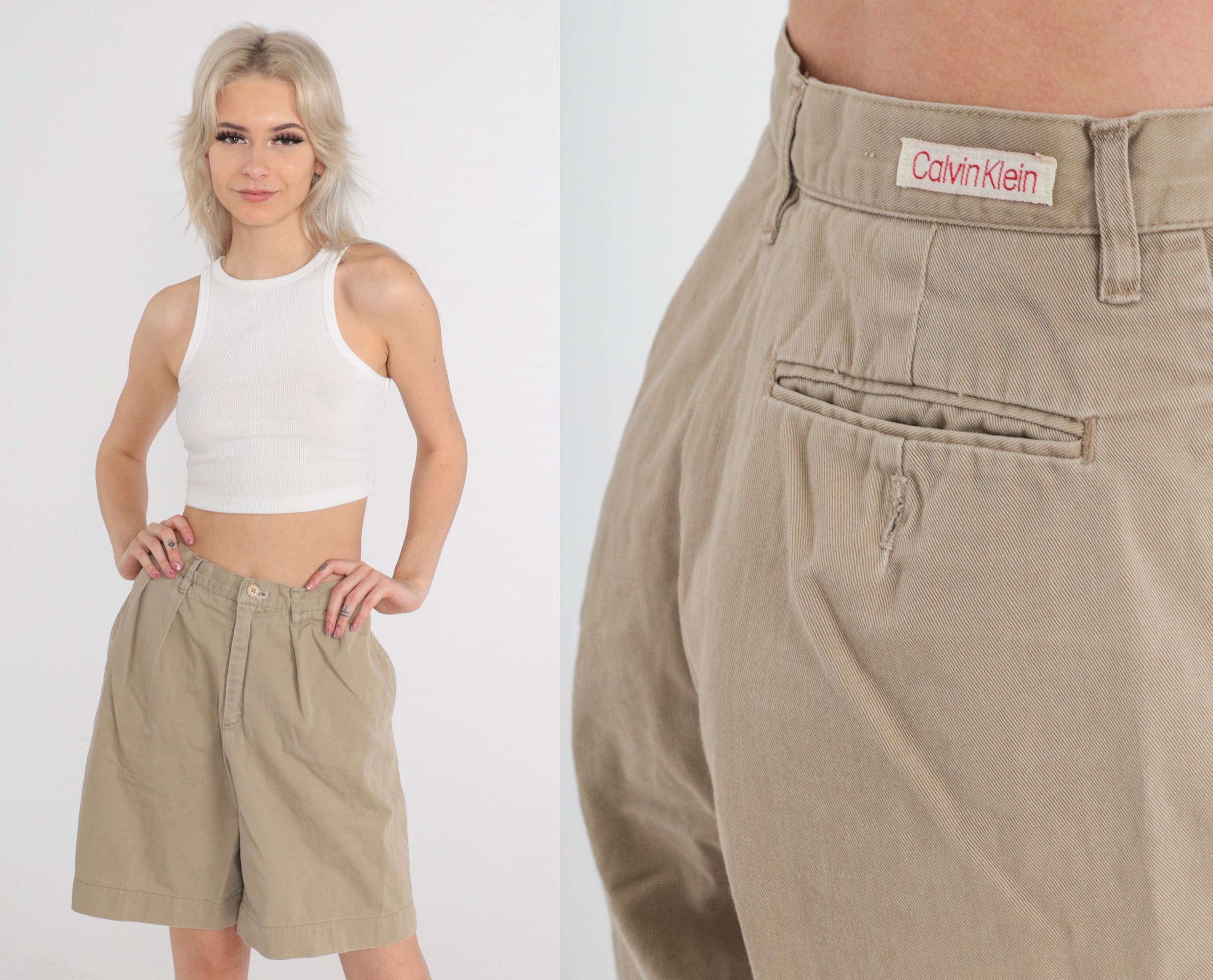 90s Khaki Shorts Pleated Trouser Shorts Tan Calvin Klein Retro Wide Leg Shorts Baggy High Waisted Shorts Vintage 1990s Small 26 Etsy