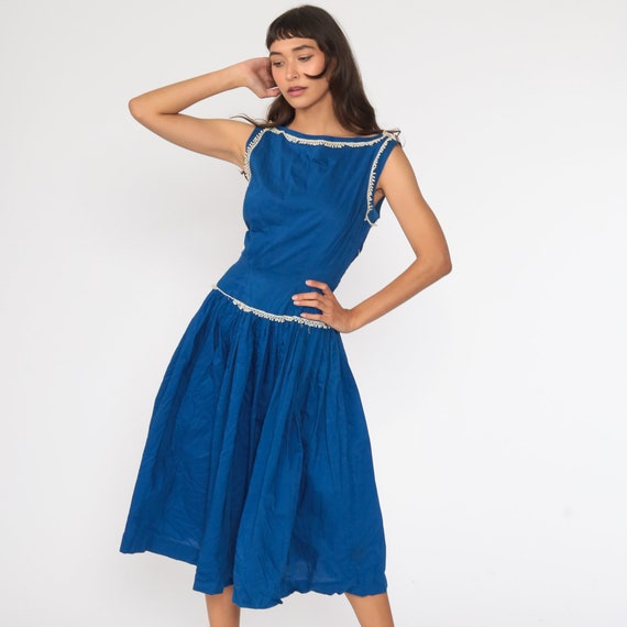 50s Dress Royal Blue Tea Length Mad Men Midi 1950s Fit and Flare Full Skirt Sleeveless Pin Up Low Waist Pinup Vintage Extra Small xs