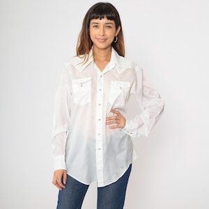 Vintage Sheer White Western Shirt 70s Rockmount Ranch Wear Pearl Snap Shirt Long Sleeve Button Up Retro Rodeo Cowboy 1970s Men&#39;s Medium