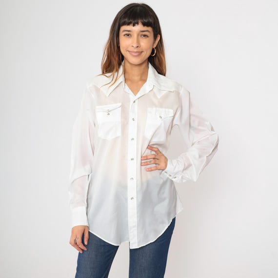 Vintage Sheer White Western Shirt 70s Rockmount Ranch Wear Pearl Snap Shirt Long Sleeve Button Up Retro Rodeo Cowboy 1970s Men's Medium