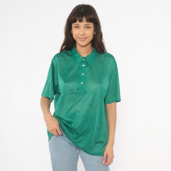 Green Mesh Polo Shirt Button Front Collared Emerald Athletic Tee Perforated Sporty Vintage 90s Preppy Collegiate Sage Jersey Top Medium M