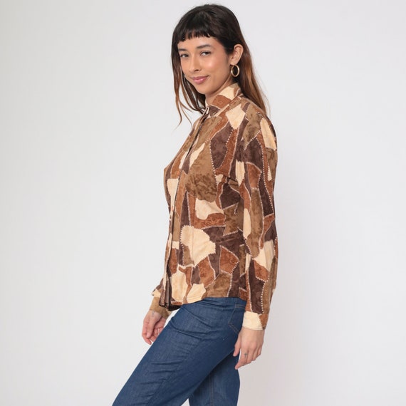 90s Patchwork Blouse Brown Abstract Button Up Shi… - image 4