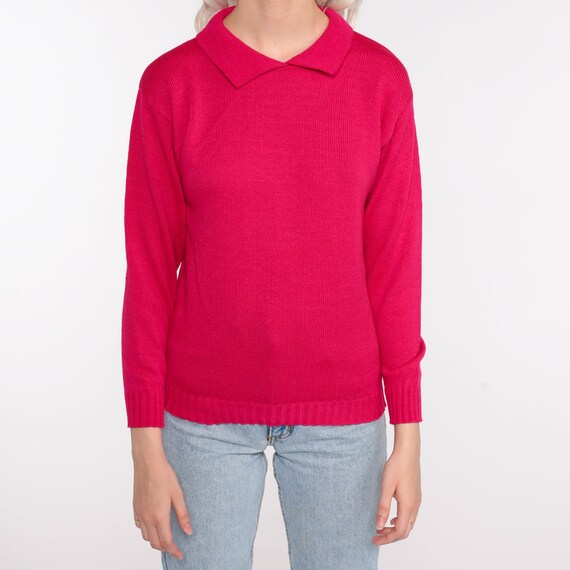 Deep Pink Sweater 80s Slouchy Collared Knit Pullo… - image 5