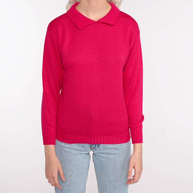 Deep Pink Sweater 80s Slouchy Collared Knit Pullover Jumper 1980s Hipster Vintage Plain Extra Small xs image 5