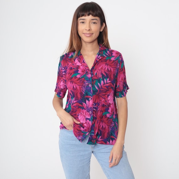 Pink Tropical Blouse 90s Purple Green Floral Print Short Sleeve Hawaiian Style Vacation Summer Colorful Vintage Resort Shirt Top Small S