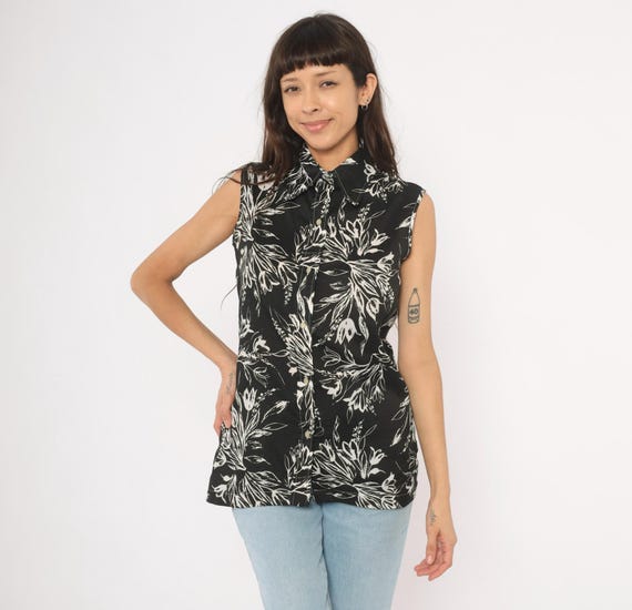 70s Floral Sleeveless Blouse Black White Botanical Collar Shirt Ivory Leaf Pattern Summer Tank Top Vintage Tunic Length Womens Medium M
