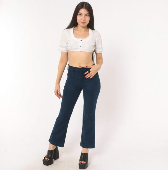 70s Navy Bootlegger Flare Pants Dark Blue Bell Bottom Trousers High Rise Kick Vintage Midnight Denim Look  Womens Extra Extra Small XXS