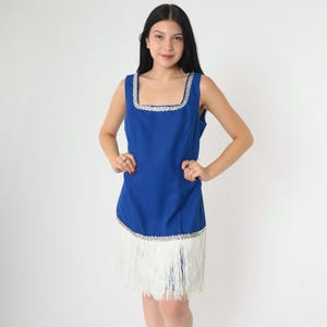 Vintage 90s Blue Fringe Flapper Dress Mod Style Sequin Trim Formal Party Mini Square Neck Sleeveless 1960s Inspired Evening Small Medium