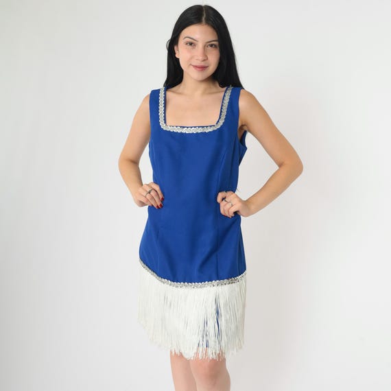 Vintage 90s Blue Fringe Flapper Dress Mod Style Sequin Trim Formal Party Mini Square Neck Sleeveless 1960s Inspired Evening Small Medium