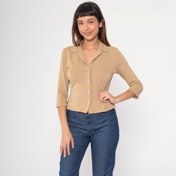 Tan Blouse 90s Button Up Top Retro Basic Plain Long 3/4 Sleeve Collared Shirt Preppy Simple Minimalist Professional Vintage 1990s Small S