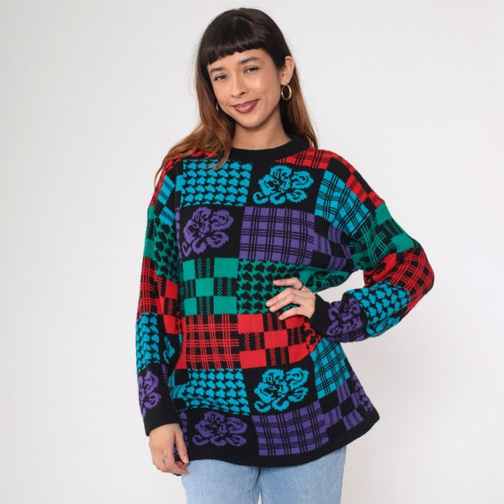 Checkered Floral Sweater 80s Sweater Houndstooth Plaid Graphic Print Knit Slouchy 1980s Pullover Vintage Jumper Black Red Blue Green Medium