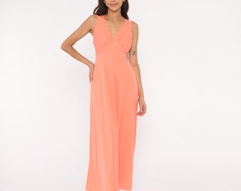Vestido largo coral de los años 70, color salmón melocotón, sin mangas, escote en V, cintura imperio, busto fruncido, verano, primavera, vacaciones, femenino, pastel, vintage, talla S