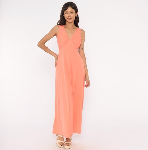 70s Coral Maxi Dress Salmon Peach Sleeveless Gown V Neck Empire Waist Gathered Bust Summer Spring Vacation Feminine Pastel Vintage Small S