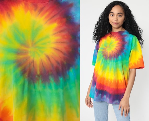 Tie Dye T Shirt 90s Swirl Tee Yellow Green Blue Swirl Print Tshirt Hippie Psychedelic Top Festival 1990s Vintage 80s Medium Large