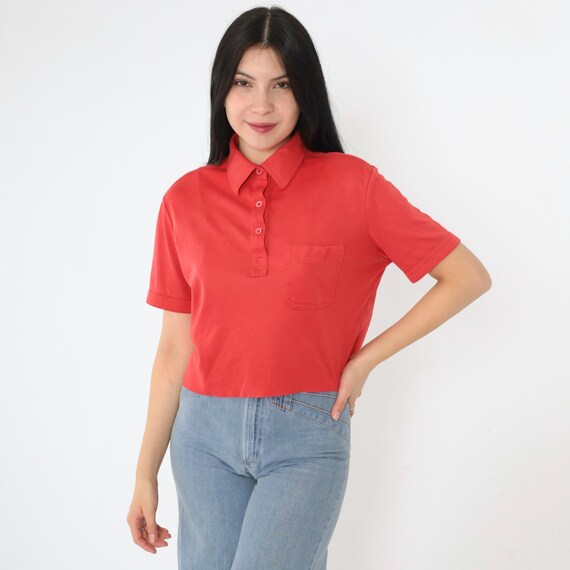 Vintage Red Cropped Polo Shirt 90s Collared Crop Top Collared Pocket Tee Plain Raw Hem Tshirt 1990s Medium M
