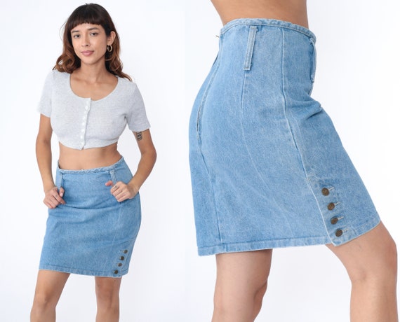90s Jean Skirt Denim Pencil Mini Skirt Button Side Retro Blue High Waisted Rise Basic Plain Simple Miniskirt Boho Vintage 1990s Medium