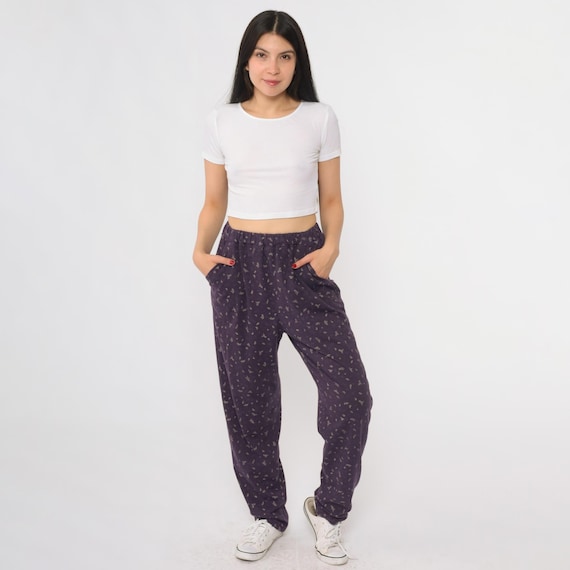 Purple Pajama Pants 90s Ditsy Floral Print Elastic Waist Lounge Pants Vintage Sleepwear Comfy Relaxed Fit Soft Casual Cozy Large L