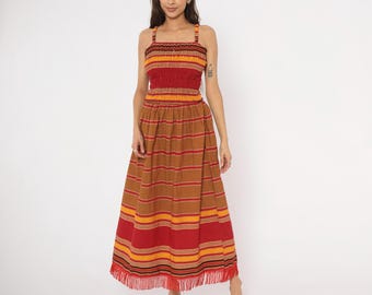 Vestido de verano estilo boho de los 90, a rayas, fruncido, rojo, dorado, con flecos en el bajo, tirantes, algodón, sin mangas, estilo pradera hippie, carmesí, mostaza, vintage, talla S
