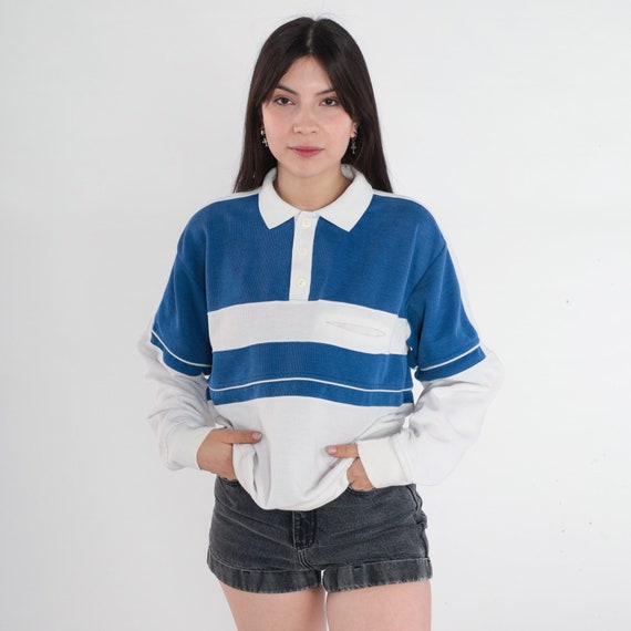 90s Polo Sweatshirt White Blue Color Block Striped Sweatshirt Sports Shirt Pullover Button Up Jumper 1990s Vintage Sportswear Medium