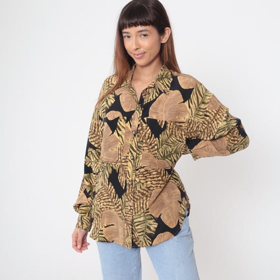 90s Silk Blouse Liz Claiborne Tropical Leaf Print Black Brown Gold Button Front Long Sleeve Oversized Relaxed Fit Vintage Career Medium M