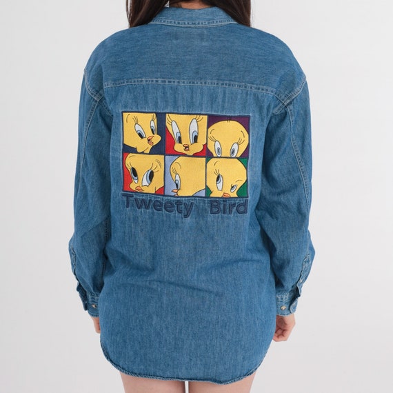 Looney Tunes Shirt 90s Tweety Bird Denim Button up Shirt Blue Jean Warner Bros Cartoon Graphic Top Cute Long Sleeve Vintage 1990s Mens Small
