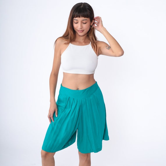 Teal Wide Leg Shorts 90s Culotte Shorts Pleated Shorts Baggy High Waisted Bermuda Shorts Basic Summer Retro Vintage 1990s Large L