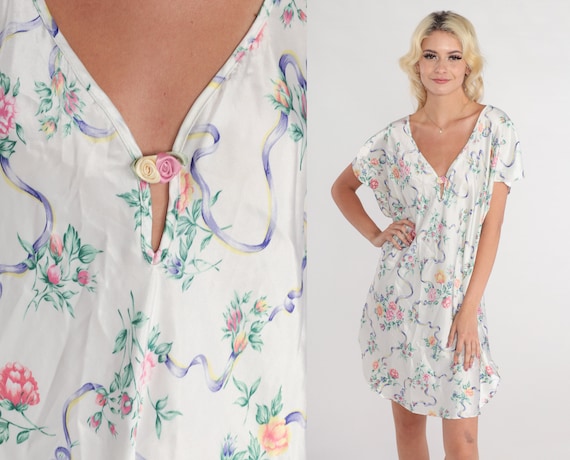 Floral Satin Nightgown 90s Slip Dress Mini Nightie White Flower Print Lingerie Short Sleeve Pajama Dress V Neck Rosette Vintage 1990s Large