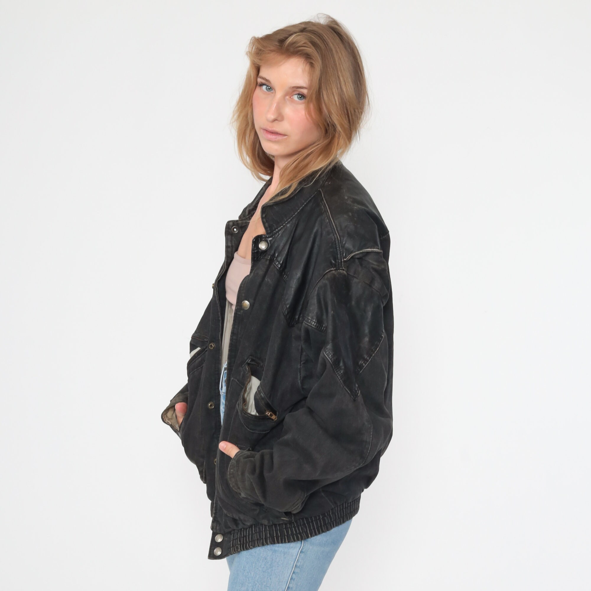 Leather Denim Jacket Black Jean Jacket 80s Oversize 90s Acid Wash Button Up 1980s Vintage Biker 