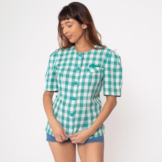 Teal Gingham Top 90s Turquoise Check Vintage Button Up Fitted Puffy Short Sleeve Preppy Cottagecore Summer Garden Party Top Picnic Medium