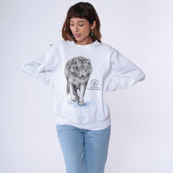 Wolf Sweatshirt 90s American Outdoorsman Crewneck Animal Print Shirt Jumper Graphic Wildlife Sweater Slouch Shirt 1990s Vintage White Large