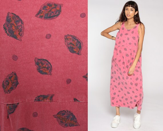 90s Jumper Dress Leaf Print Sundress Grunge Pink Dress Maxi Boho Floral Sun 1990s Jumper High Waist Vintage Sleeveless Hippie Medium Large