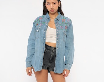 Embroidered Denim Shirt 70s Western Floral Pearl Snap Button Front Cotton Blue Jean Blouse Flower Power Cowgirl Country Top Medium M