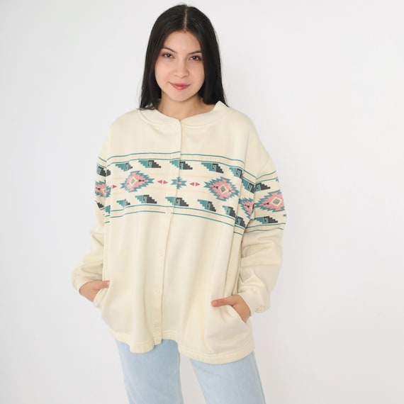 Vintage Southwestern Sweatshirt Cardigan 90s Yellow Button up Sweater Blue Geometric Southwest Navajo Eye Print Hippie 1990s Extra Large xl