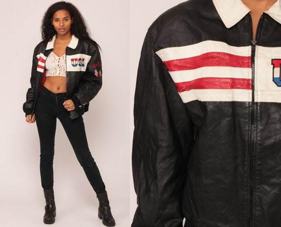 Leather Biker Jacket USA Jacket 80s American Flag Black LEATHER Biker Jacket Motorcycle Bomber Moto 1980s Vintage Moto Large
