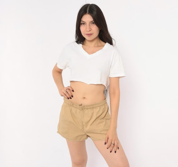 80s Tan Running Shorts White Piping Trim Cotton Elastic Drawstring Waist Dolphin Hem Athletic Track Gym Khaki Beige Medium M
