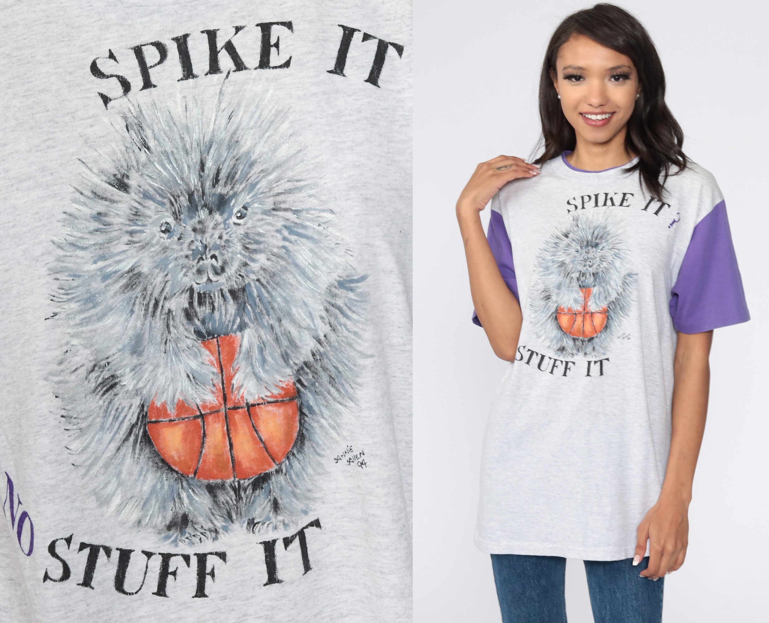 ShopExile Porcupine Basketball Shirt 80s Tshirt Sports Graphic Tee Spike It Grey Ringer Tee Shirt Retro Vintage Tee Medium