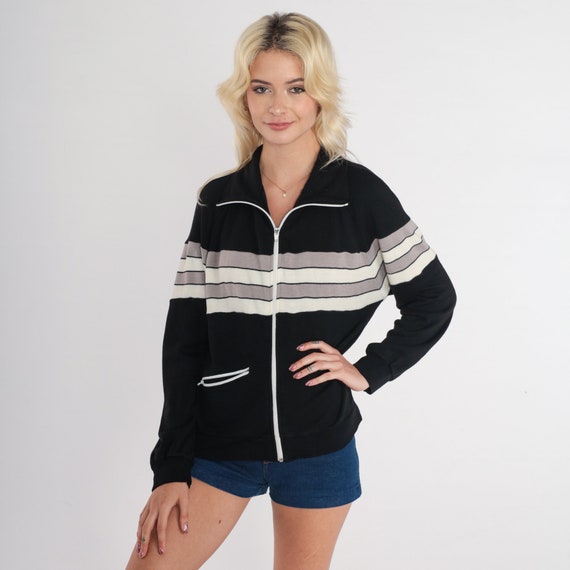 80s Track Jacket Black Striped Zip Up Jacket White Taupe Sporty Sweatshirt Athleisure Acrylic Tracksuit Stranger Things Vintage 1980s Medium