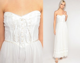 Vintage Wedding Dress 70s White Lace Maxi Dress Prairie Button Up Corset Boho Bridal High Waist Strapless Sweetheart Vintage 1970s Small S