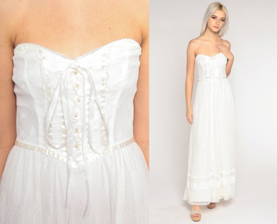Vintage Wedding Dress 70s White Lace Maxi Dress P… - image 1