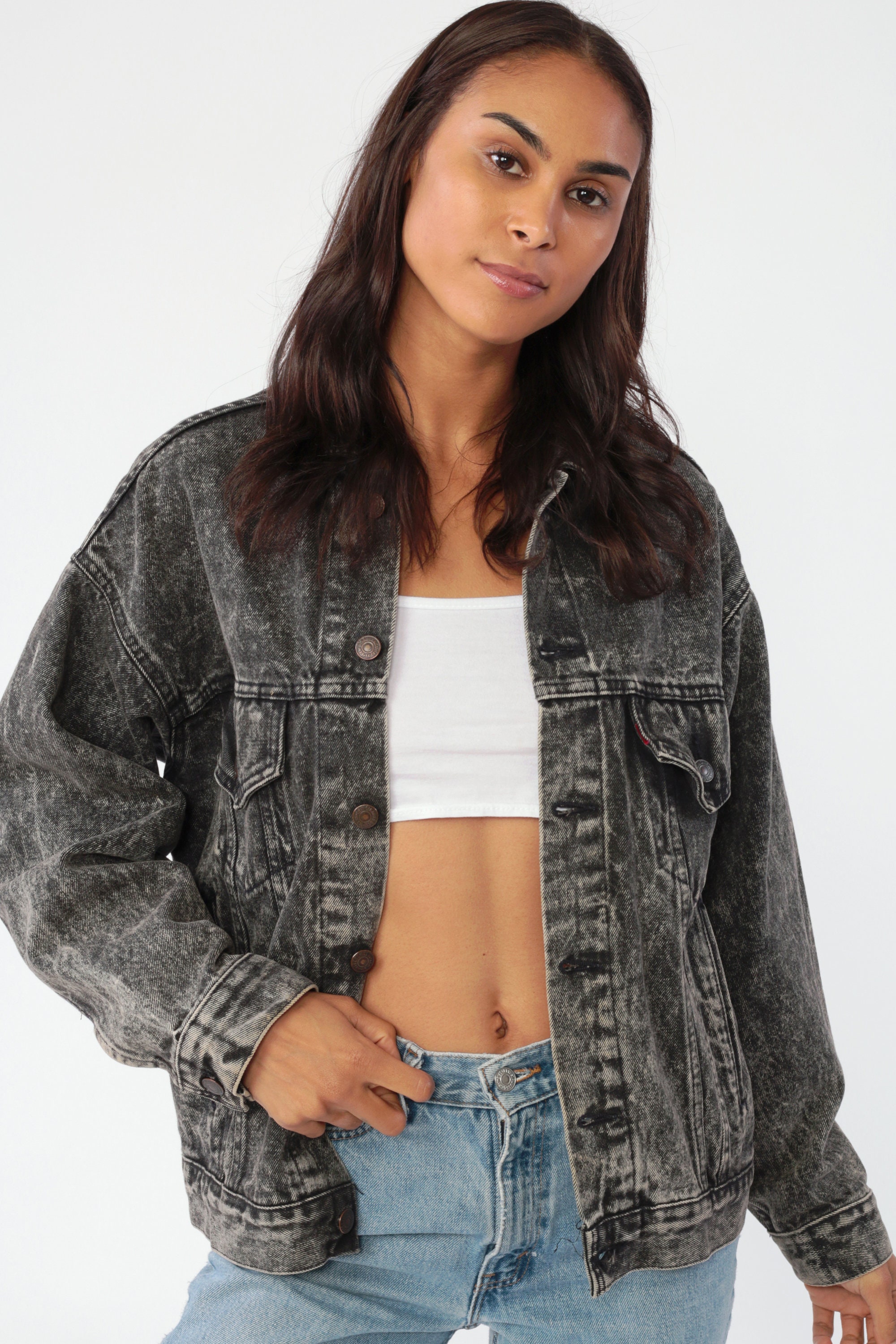 Faded Black LEVIS Jacket -- Denim Jacket 80s Levi Jean Jacket USA Grey Acid Wash Distressed