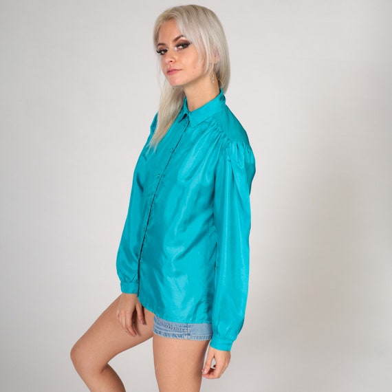 Turquoise Blue Blouse 80s Puff Sleeve Top Button … - image 4