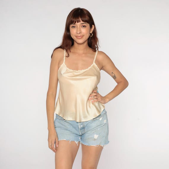 Silk Camisole 90s Off-White Applique Floral Lingerie Cami Cream Party Shirt Tank Sleeveless Vintage 1990s Small S
