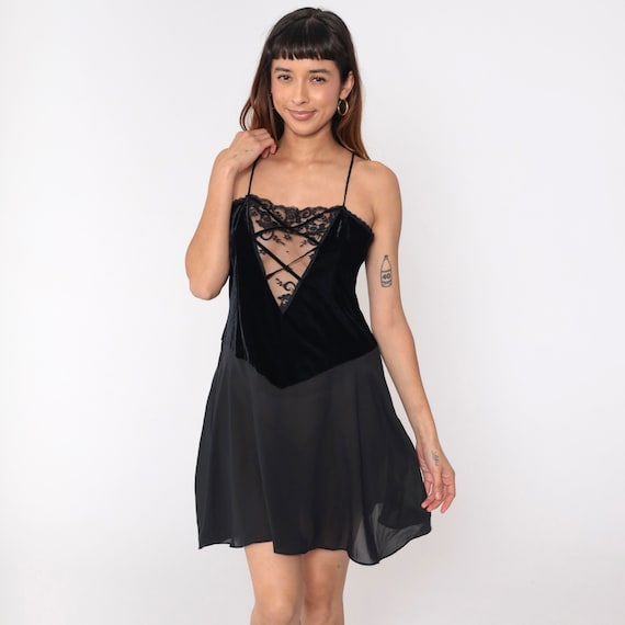 Black Chiffon Chemise 90s Velour Lace Nightgown Slip Dress Deep V Cage Neck Mini Lingerie Vintage Nightie Spaghetti Strap 1990s Medium 8